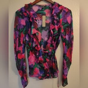 J.Crew Ruffled Floral Wrap Blouse - Vibrant Pink Purple Green Size 4